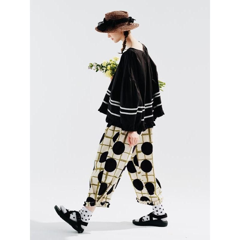 Green Plaid & Black Wave Dot Elastic Waist Wide Leg Pants for Women