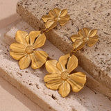 Pendientes colgantes con dos flores bañados en oro de 18 quilates: acero inoxidable resistente al agua y al deslustre