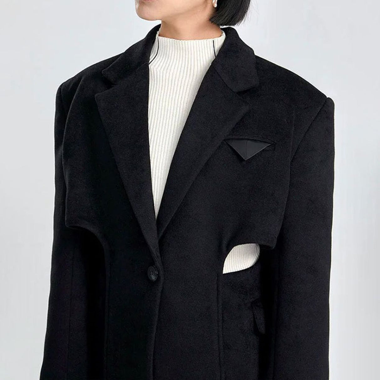 Elegant Woolen Overcoat with Waist Cut-Out