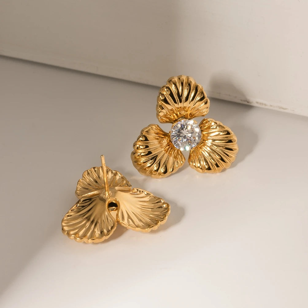 Gold-Plated Stainless Steel Zircon Flower Stud Earrings