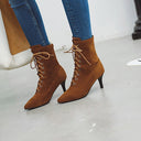Botines de tacón de aguja con cordones y punta afilada para mujer