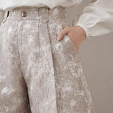 Floral Jacquard High Waist A-Line Shorts with Metal Buttons