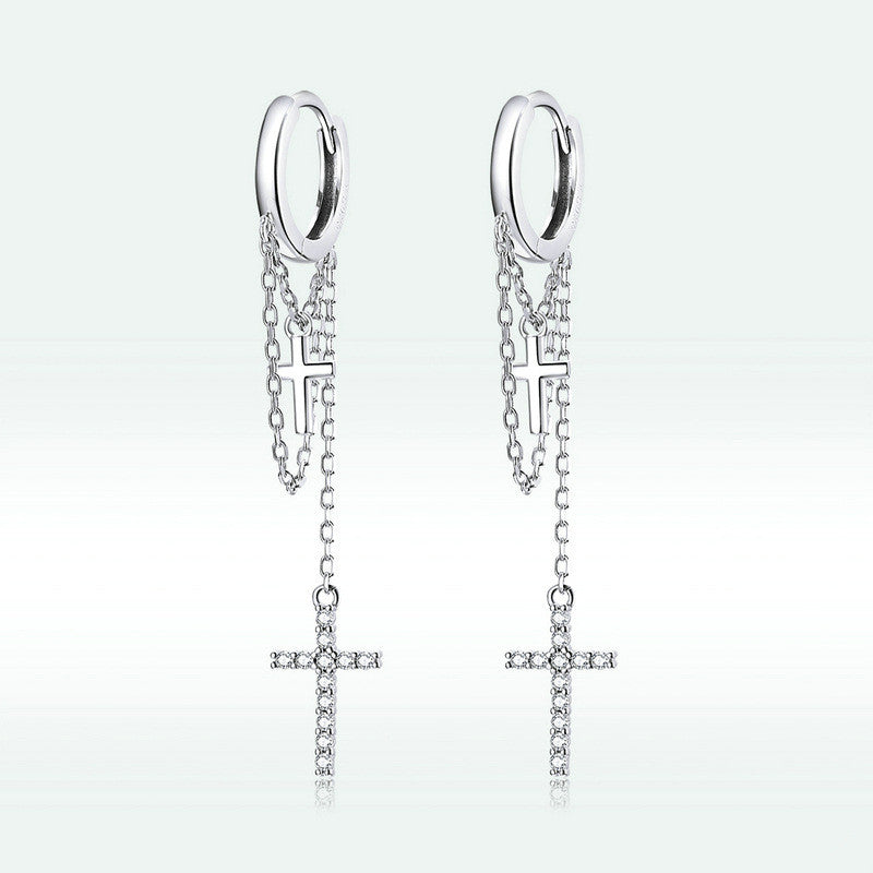 Long Tassel Glittering Cross Earrings - Dazpy