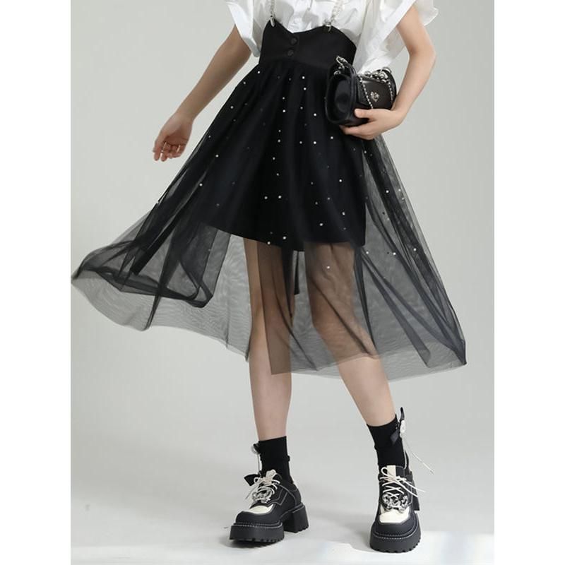 Elegant Black Dot Mesh Half-Body Skirt