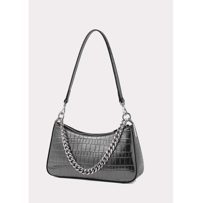 Luxe Alligator Pattern Leather Shoulder Bag with Chain Detail