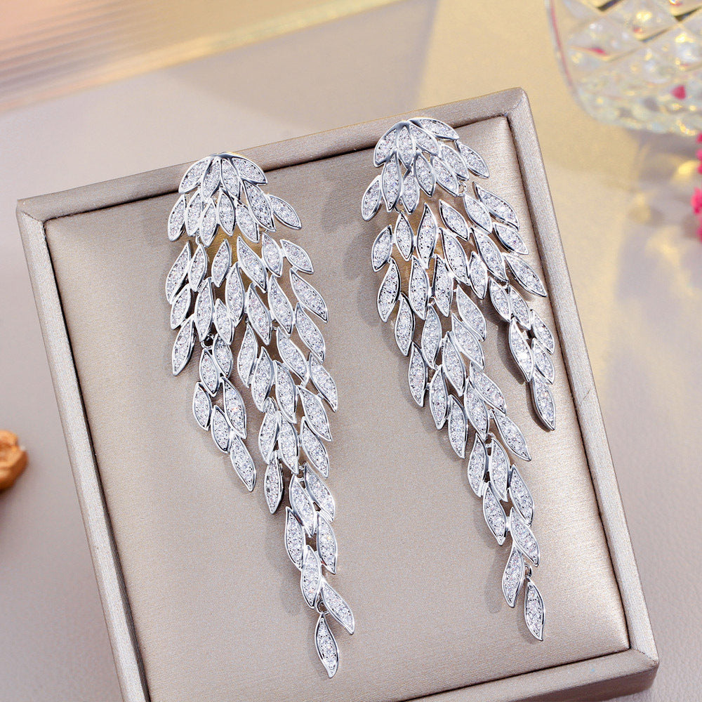 French Elegant Leaf Tassel Full Diamond Earrings - Dazpy