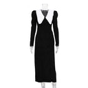 Black-and-White Long-Sleeve Cotton Collar Dress