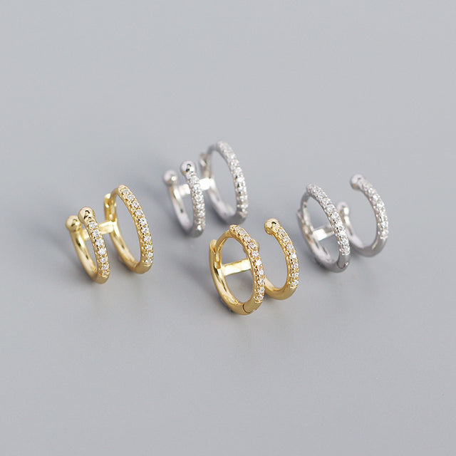 S925 Silver Geometric Metal Double Round Micro Inlaid Zircon Ear Buckle Earrings - Dazpy