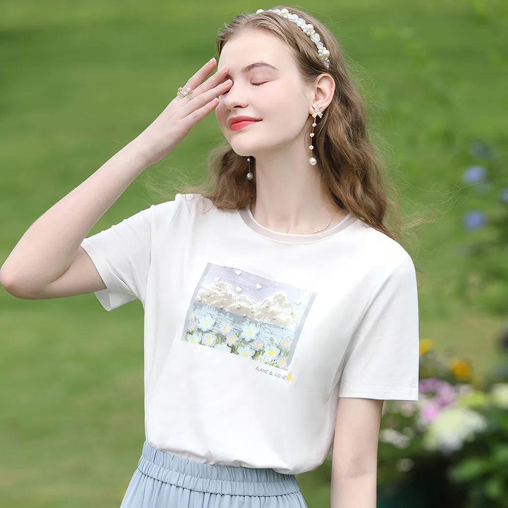 Camiseta con estampado de aceite de algodón fresco para mujer