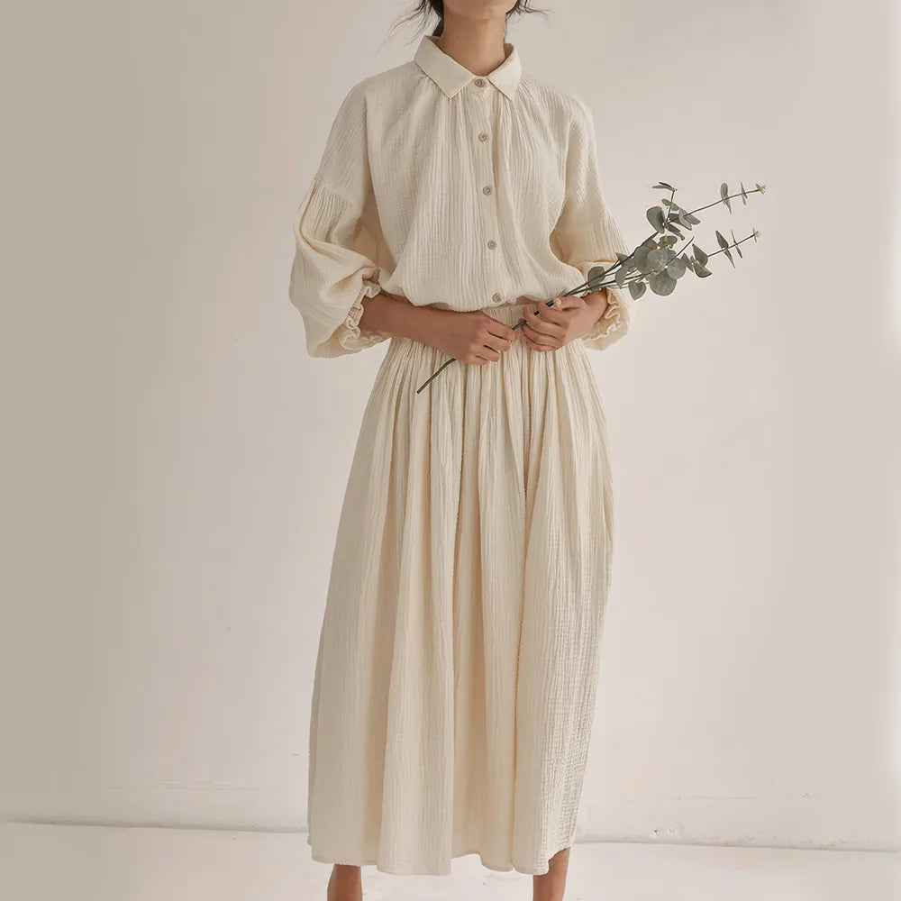 Elegant Lantern Sleeve Shirt + Skirt Two Piece Set