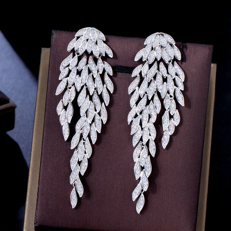 French Elegant Leaf Tassel Full Diamond Earrings - Dazpy