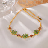 S925 Sterling Silver Gold Plated South Red Hetian Jasper Personalized Fashion Four Leaf Clover Bracelet - Dazpy