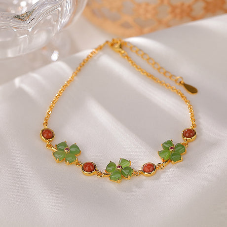 S925 Sterling Silver Gold Plated South Red Hetian Jasper Personalized Fashion Four Leaf Clover Bracelet - Dazpy