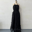 Black Embroidered Halter Backless Maxi Dress