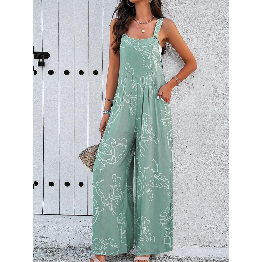 Elegant Wide-Leg Jumpsuit with Geometric Print and Suspenders