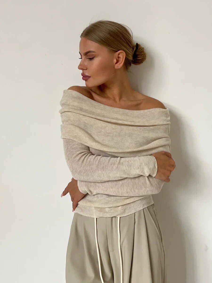 Chic Off-Shoulder Knitted Wool T-Shirt