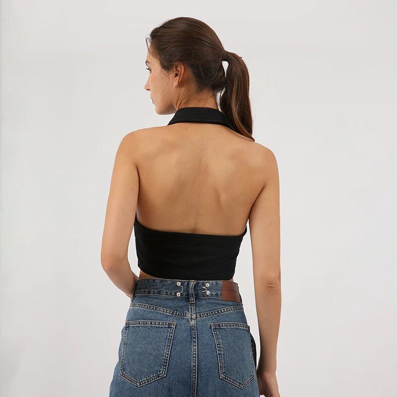 Chic Cotton-Polyester Cropped Halter Top