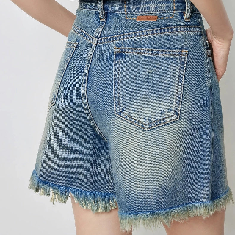 Shorts de mezclilla con borlas de cintura alta para mujer