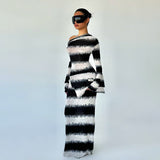 Women's Black And White Striped Asymmetric Shoulder Long Sleeve Dress