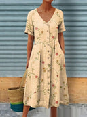 Women's Geometric V-Neck Linen-Look A-Line Dress