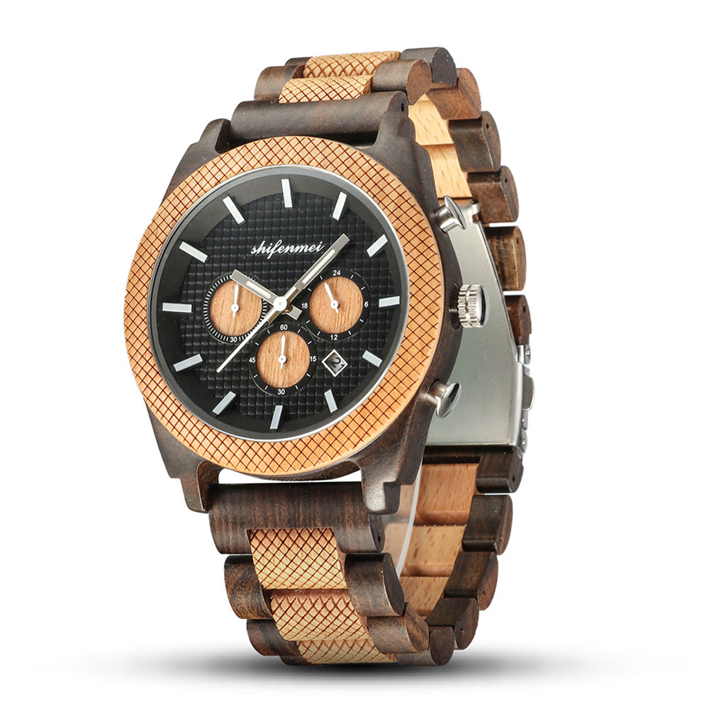 Mens Six Hand Chronograph Calendar Sports Wood Casual Watch - Dazpy