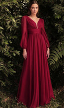 Deep-V Long-Sleeve Chiffon Maxi Dress