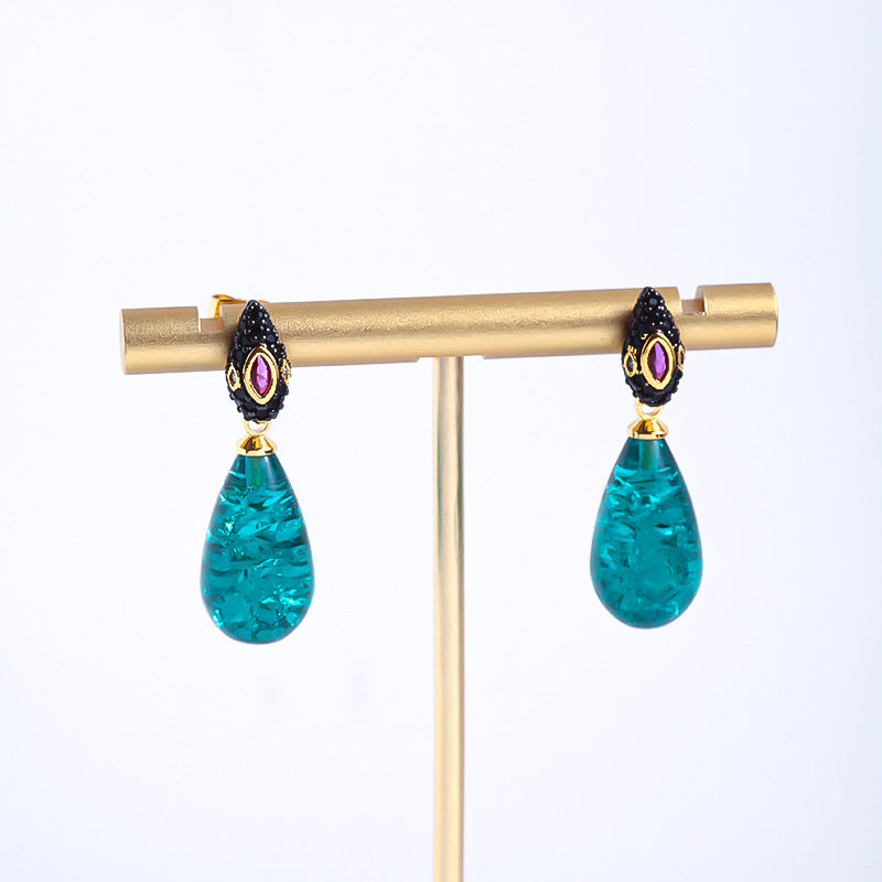 Green Water Drop Design Full Of Diamond Earrings - Dazpy