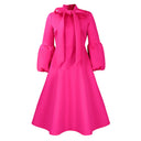 Puff-Sleeve Bow-Tie High-Waist Swing Midi Dress