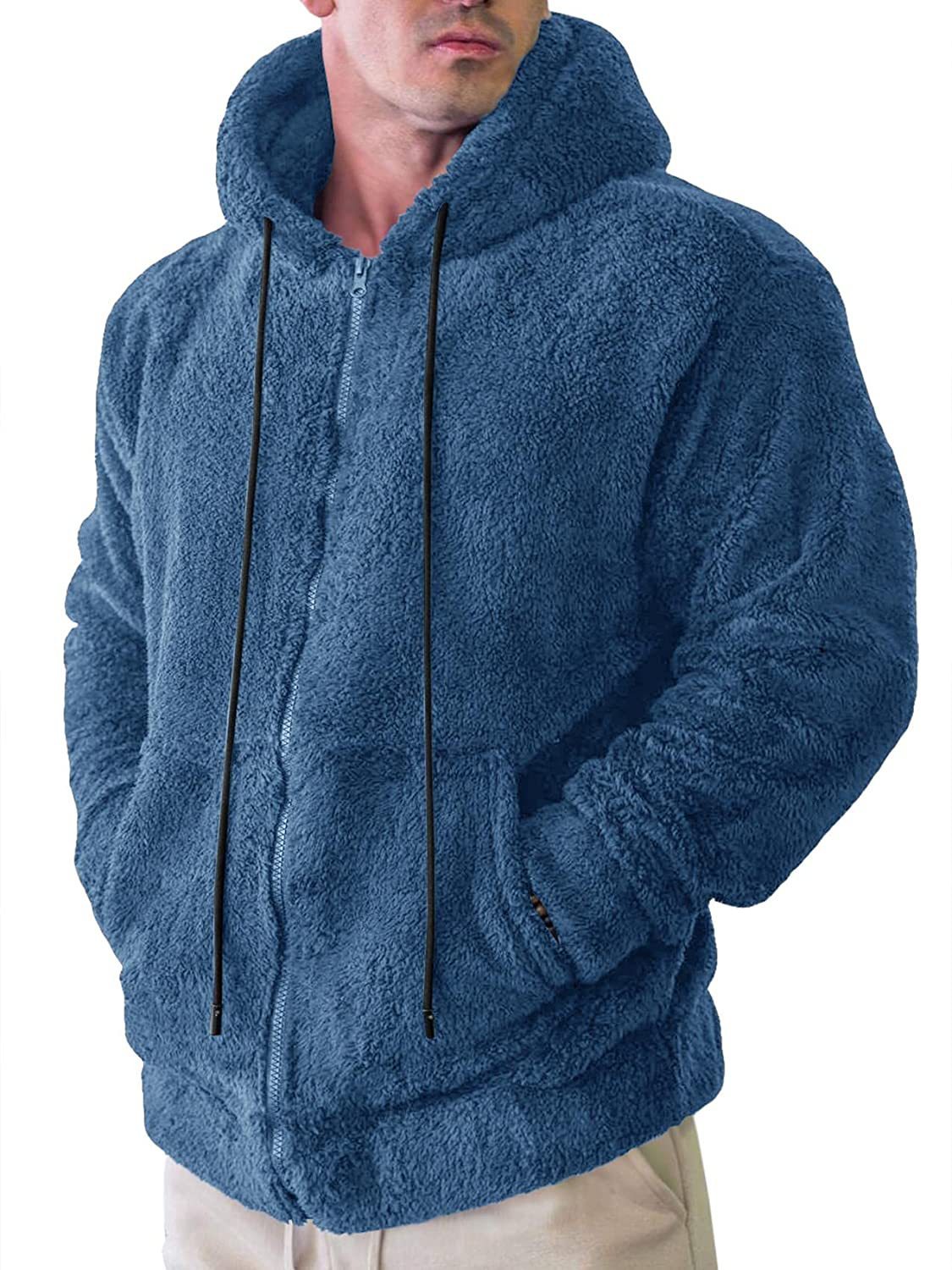 Men's Solid Color Plush Cardigan Hooded Jacket