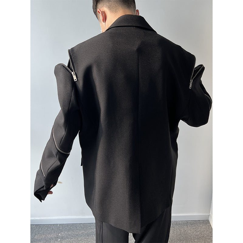 Men's Zippered Sleeve Splicing Black Suit