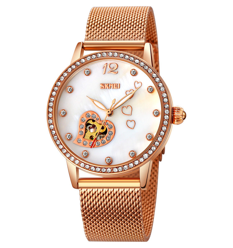 Rose Gold Luminous Watch With Mother-of-pearl Face And Diamonds - Dazpy