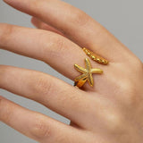 Adjustable Stainless Steel Bohemian Beach Ring with Starfish and Shell Accents