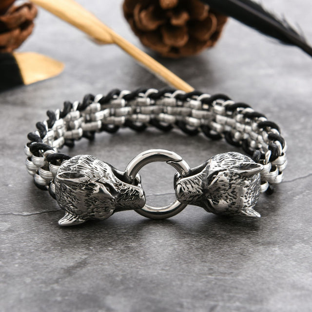 European And American Punk Stainless Steel Double Wolf Head Buckle Woven Men's Bracelet - Dazpy