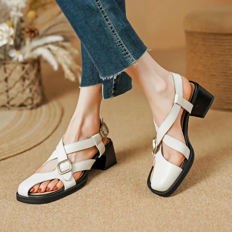 Summer Retro Square Heel Leather Sandals for Women