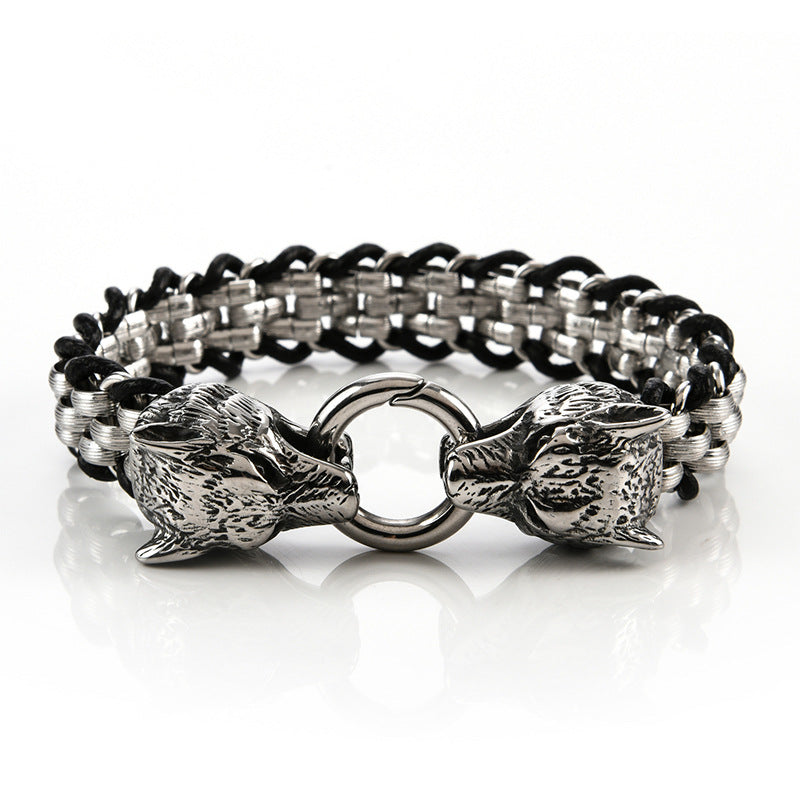 European And American Punk Stainless Steel Double Wolf Head Buckle Woven Men's Bracelet - Dazpy