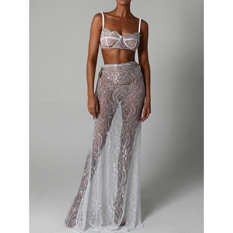 Elegant Lace Two-Piece Skirt Set - Sheath Crop Top with Maxi Skirt for Parties and Beach