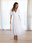 Vestido largo de mujer con escote en V profundo y manga abullonada