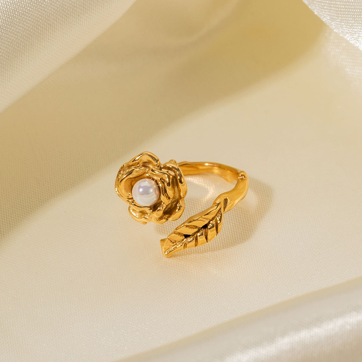 Gold Stainless Camellia Ring with Shellfish Beads