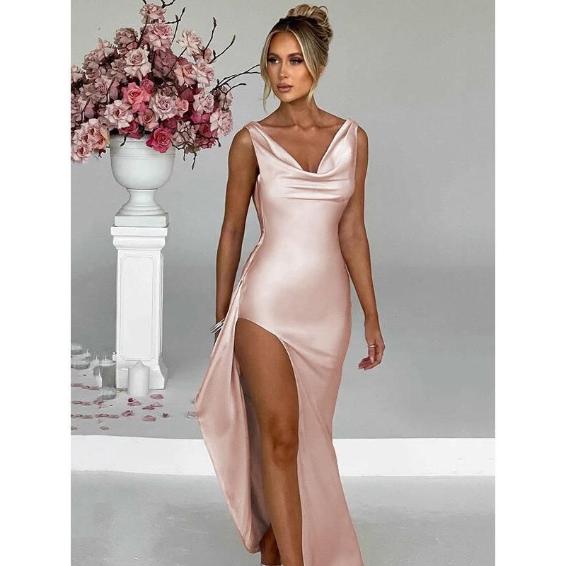 Elegant Satin Backless Split Maxi Dress