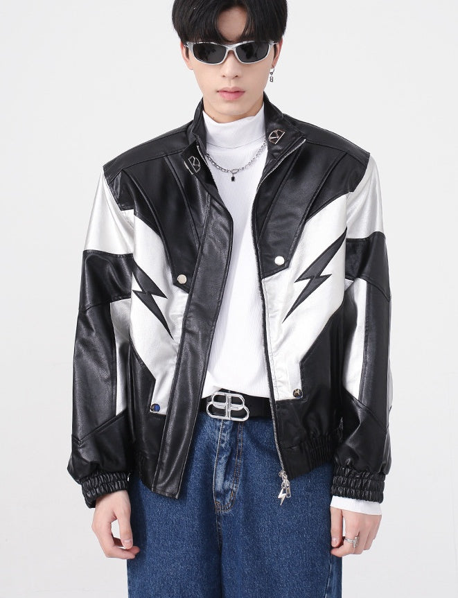 Men's Stand Collar Shoulder Pad Leather Coat