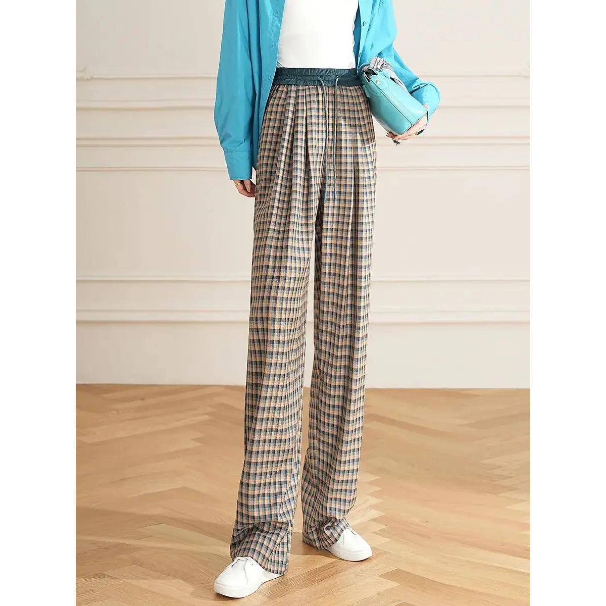 Women's High Waist Checked Wide Leg Pants