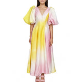 GY24153 Fashion Color V-neck Lantern Sleeve Dress