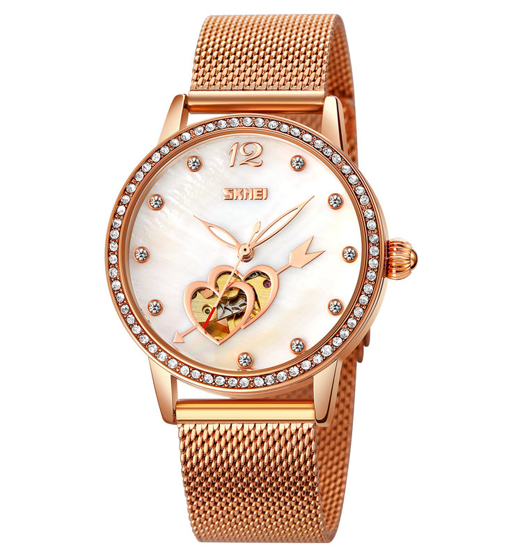 Rose Gold Luminous Watch With Mother-of-pearl Face And Diamonds - Dazpy