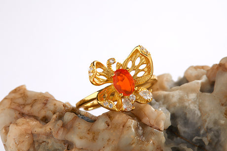 S925 Sterling Silver Inlaid Natural Opal Colored Gems Butterfly Ring - Dazpy