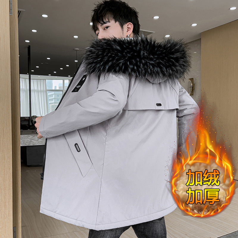 Fleece-lined Hooded Thickened Winter Mid-length Jacket Trench Youth Cotton-padded Men's Coat