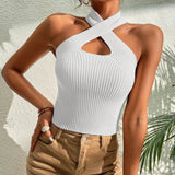 Heart Criss Cross Ribbed Knit Halter Crop Top