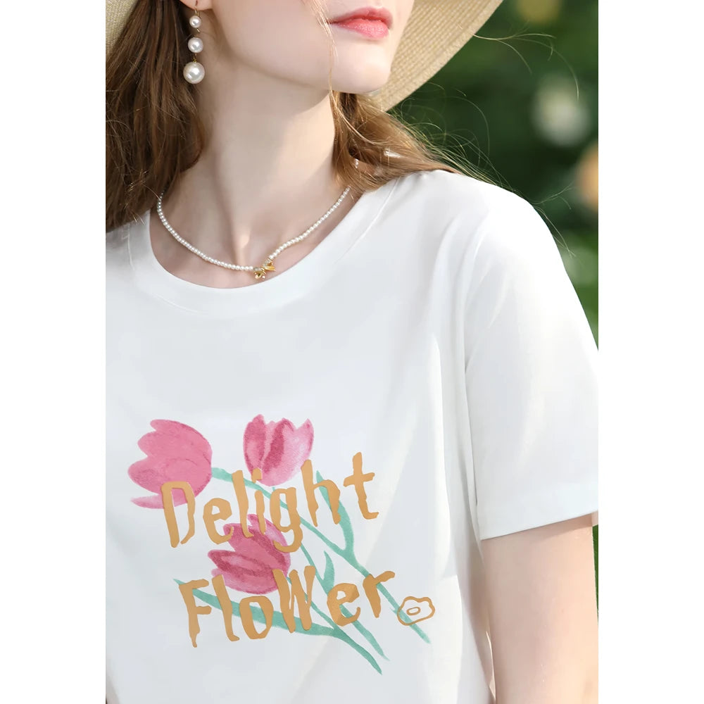 Slim-Fit Baumwoll-T-Shirt mit Tulpen-Print für Damen