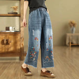 Boho Style Embroidered Wide Leg Denim Pants