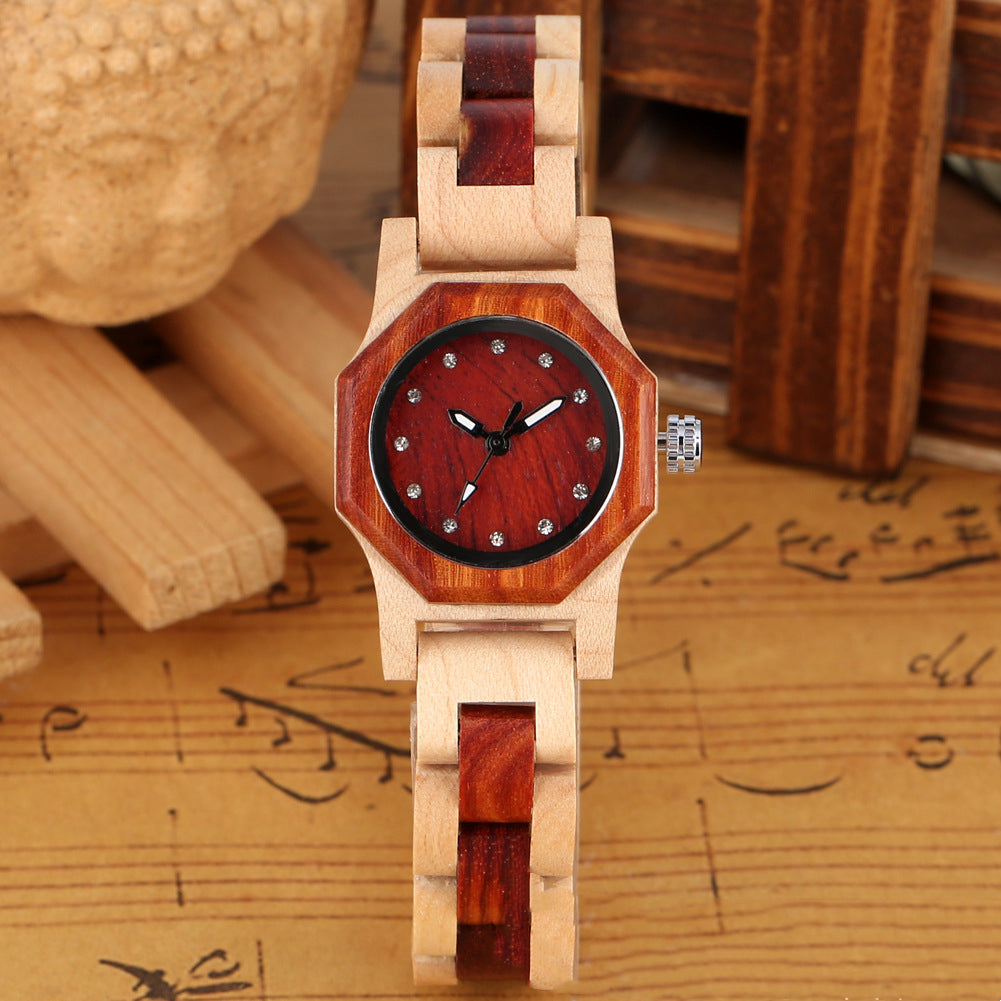 Bracelet Buckle Octagon Face Diamond Ladies Wooden Watch - Dazpy