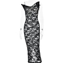 Vestido largo de encaje transparente con tirantes y talle alto para mujer